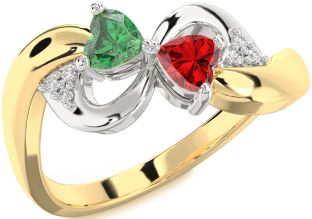 Diamond Emerald Platinum & Yellow Gold Infinity Two Heart Birthstone Ring