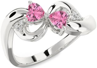 Diamond Pink Sapphire Silver Infinity Two Heart Ring