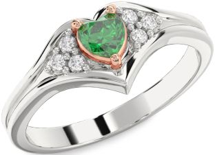 Diamond Emerald Platinum & Rose Gold Heart Promise Ring