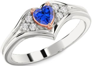 Diamond Blue Sapphire Platinum & Rose Gold Heart Promise Ring