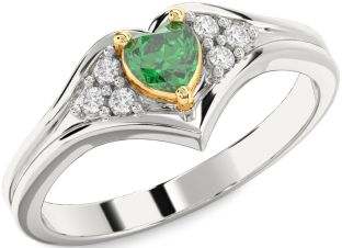 Diamond Emerald Silver & 10K gold Heart Promise Ring