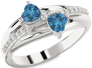 Blue Diamond Silver Two Heart Ring