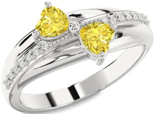 Yellow Diamond Silver Two Heart Ring