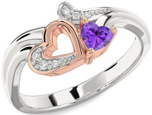 Diamond Amethyst Platinum & Rose Gold Heart Promise Ring