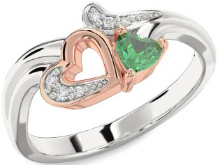 Diamond Emerald Platinum & Rose Gold Heart Ring