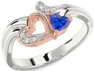 Diamond Blue Sapphire White Rose Gold Heart Promise Ring
