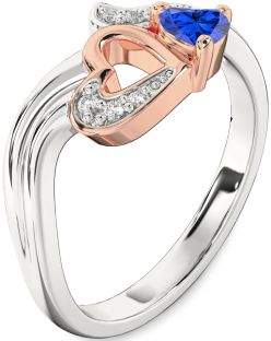 Diamond Blue Sapphire White Rose Gold Heart Promise Ring