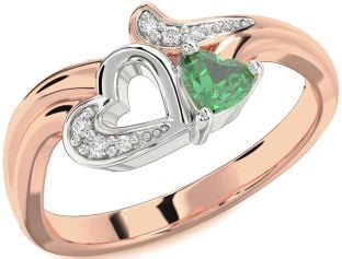 Diamond Emerald Platinum & Rose Gold Heart Ring