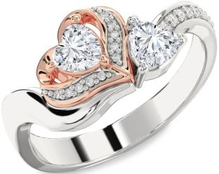 Diamond Silver & 10K Rose Gold Two Heart Ring