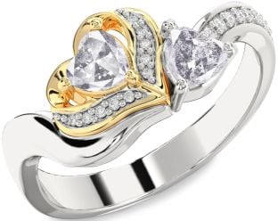 Salt & Pepper Diamond Gold Silver Two Heart Ring