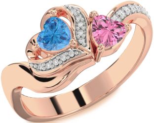 Diamond Rose Gold Silver Two Heart Promise Ring