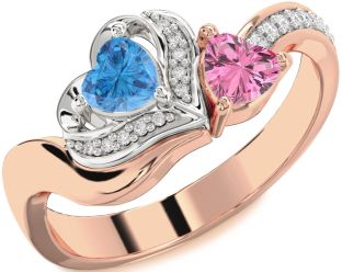 Diamond Rose Gold Silver Two Heart Promise Ring