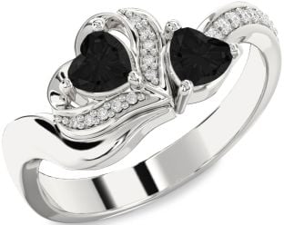 Black Diamond Silver Two Heart Ring