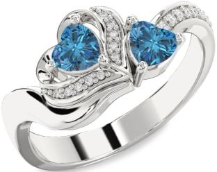 Blue Diamond Silver Two Heart Ring