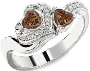 Chocolate Brown Diamond Silver Two Heart Ring