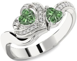 Green Diamond Silver Two Heart Ring