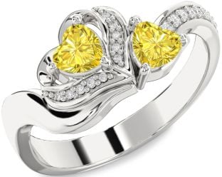 Yellow Diamond Silver Two Heart Ring