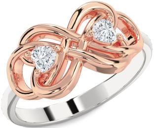 Diamond Silver & 10K Rose Gold Infinity Knot Two Heart Ring
