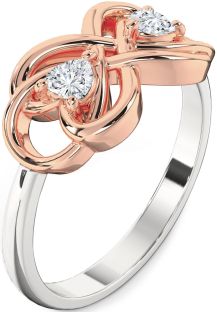 Diamond Silver & 10K Rose Gold Infinity Knot Two Heart Ring