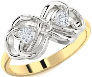 Diamond White Yellow Gold Infinity Knot Two Heart Ring