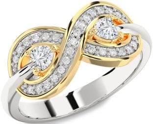 Diamond White Yellow Gold Infinity Two Heart Ring