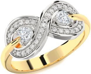 Diamond White Yellow Gold Infinity Two Heart Ring