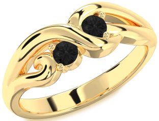 Black Diamond Gold Silver Knot Round Two Stone Ring