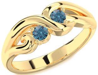 Blue Diamond Gold Silver Knot Round Two Stone Ring