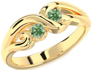 Green Diamond Gold Silver Knot Round Two Stone Ring
