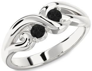 Black Diamond Silver Knot Round Two Stone Ring