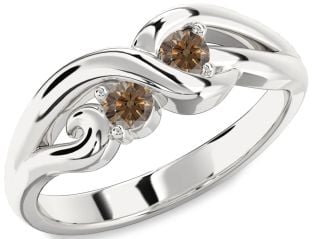 Chocolate Brown Diamond Silver Knot Round Two Stone Ring