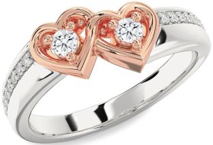 Diamond Silver & 10K Rose Gold Heart Round Two Stone Ring