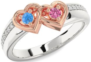 Diamond Silver & 10K Rose Gold Heart Two Stone Pave Promise Ring