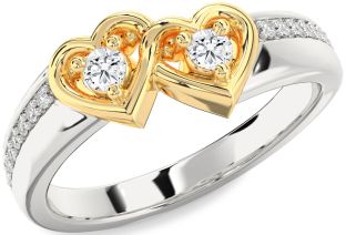 Diamond Silver & 10K gold Heart Round Two Stone Ring