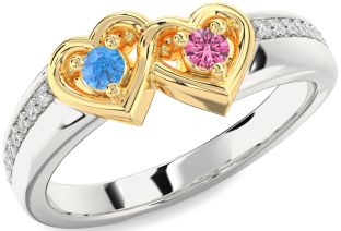 Diamond Silver & 10K gold Heart Two Stone Pave Promise Ring
