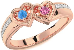 Diamond Rose Gold Silver Heart Two Stone Pave Promise Ring