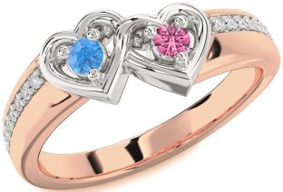 Diamond Rose Gold Silver Heart Two Stone Pave Promise Ring