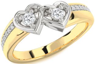 Diamond White Yellow Gold Heart Round Two Stone Ring