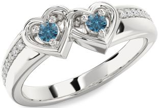Blue Diamond Silver Heart Two Stone Pave Ring
