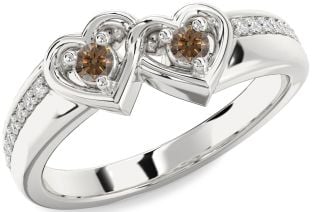 Chocolate Brown Diamond Silver Heart Two Stone Pave Ring