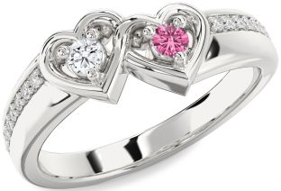 Diamond Silver Heart Two Stone Pave Promise Ring