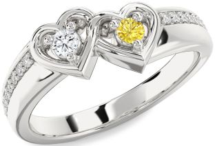 Diamond Silver Heart Two Stone Pave Promise Ring