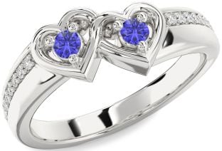 Diamond Tanzanite Silver Heart Two Stone Pave Ring