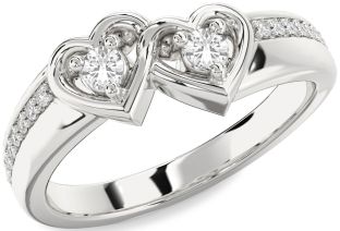 Diamond White Sapphire Silver Heart Two Stone Pave Ring