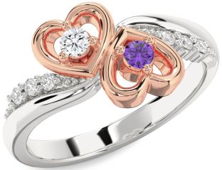 Diamond Silver & 10K Rose Gold Heart Two Stone Promise Ring