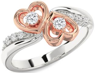 Diamond Silver & 10K Rose Gold Heart Round Two Stone Ring