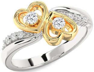 Diamond Silver & 10K gold Heart Round Two Stone Ring
