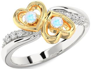 Diamond Moonstone Gold Silver Heart Two Stone Ring