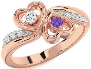Diamond Rose Gold Silver Heart Two Stone Promise Ring