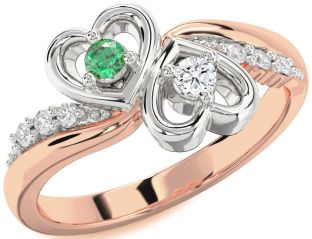 Diamond Rose Gold Silver Heart Two Stone Promise Ring